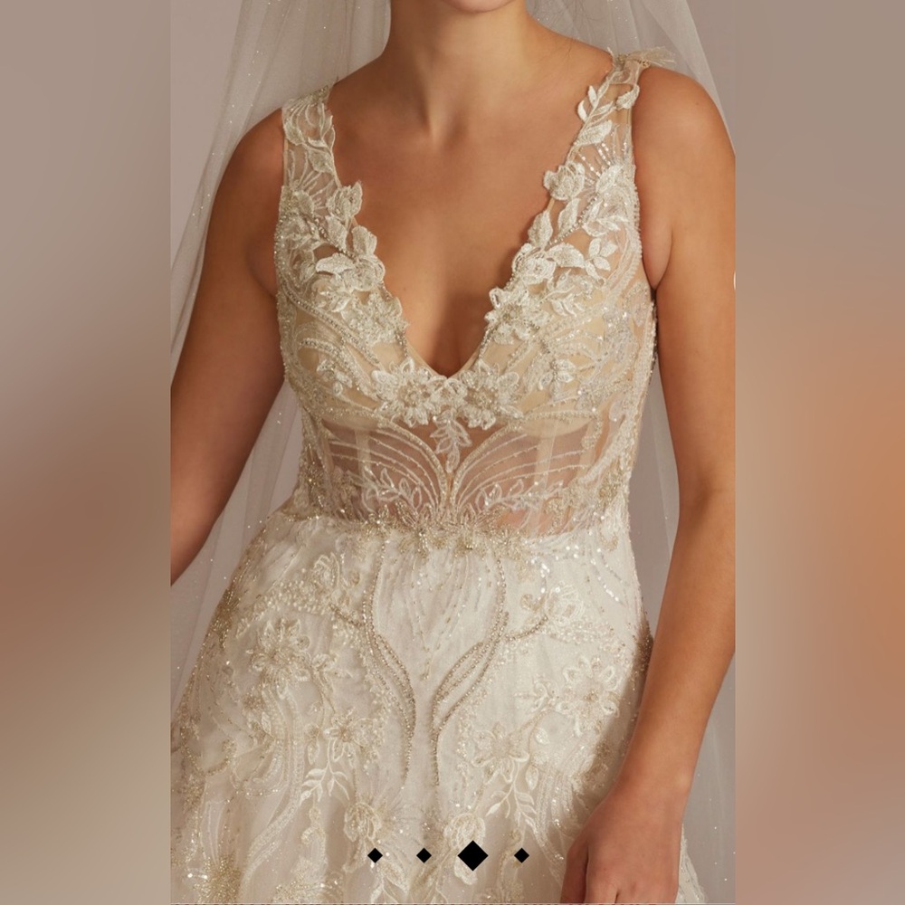 Drop waist beaded applique wedding gown